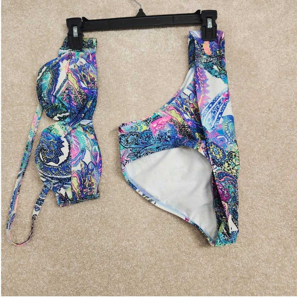 Victoria's Secret Blue Pink Paisley Top & Bottom Bikini Set Size 32B / Small